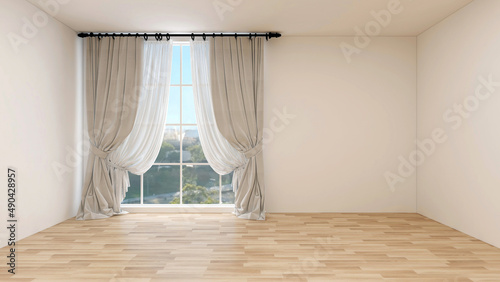  Empty room with white wall, wide window, and beige curtains, white vitrage. 3d rendering. 3d illustration