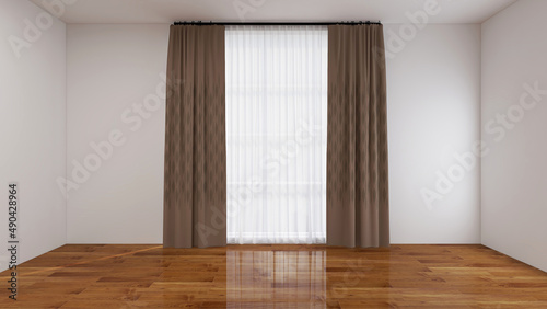 Empty room with white wall, parquet floor, and white vitrage,  brown textured curtain photo