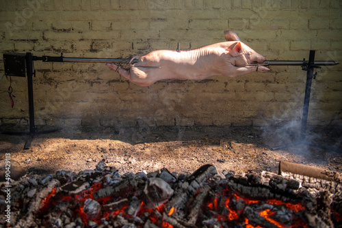 Fotografi A young suckling pig on a skewer