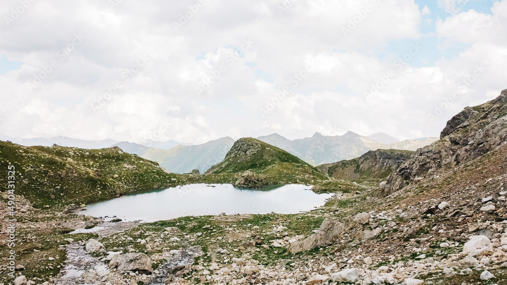 Landscape with a large blue mountain lake in the Caucasus Mountains. lake top view. drone aerial