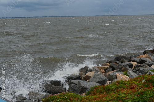 Ocean waves crashing against the rocky shore