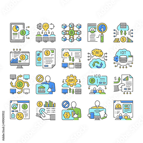 Fintech Financial Technology Icons Set Vector .