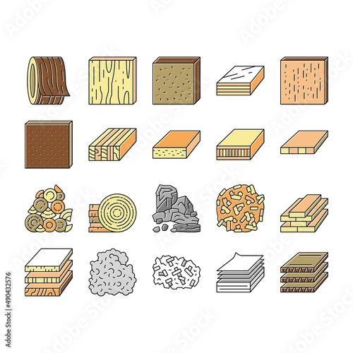 Timber Wood Industrial Production Icons Set Vector .