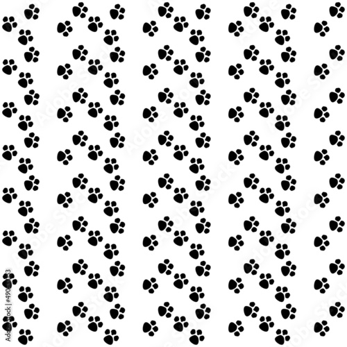 Vector seamless pattern of flat black animal dog cat foot print steps isolated on white background