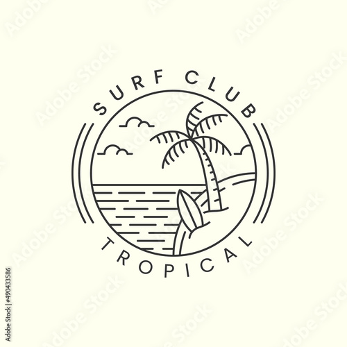surf club tropical beach with emblem and line art style logo icon template design. palm tree, cloud, sea, vector illustration