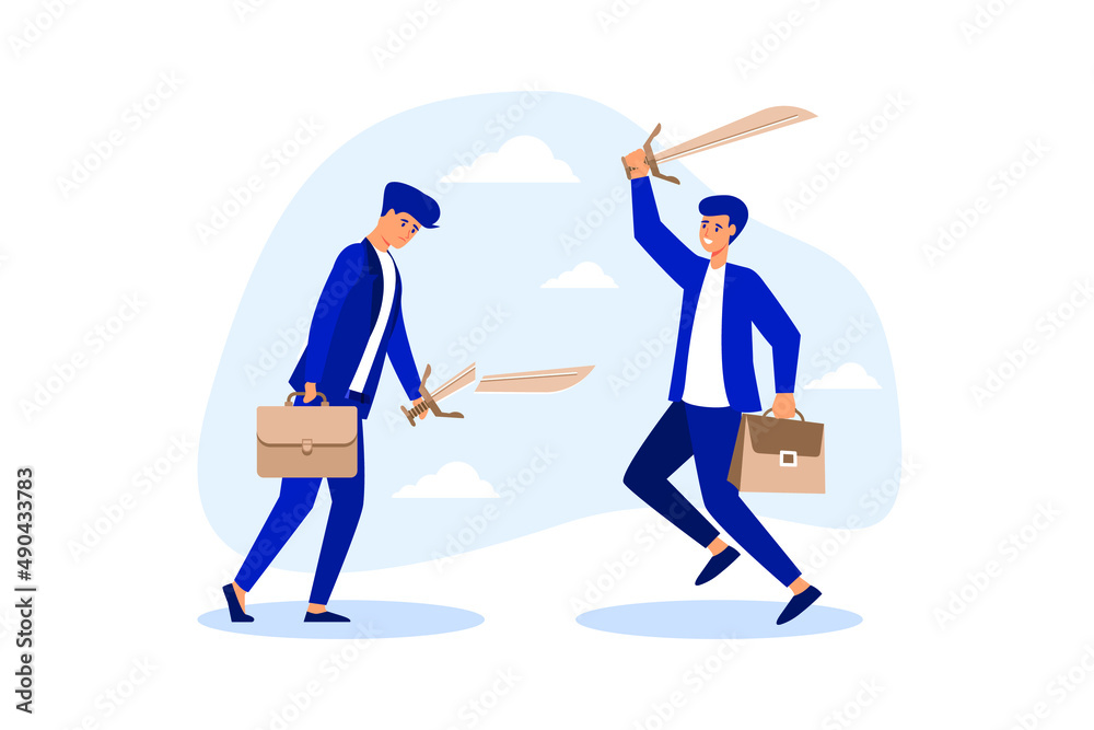 SWOT Business strength and weakness analysis to see opportunity and threats, strategy plan to win business competition concept, confidence businessman holding strong sword and other holding weak one.