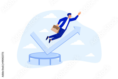 Stock market rebound, overcome business down fall and grow up profit or leadership and achievement concept, businessman jump bouncing high on trampoline with green rising up performance arrow graph.
