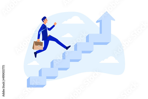 	
Improvement or career growth, stairway to success, growing income or improve skill to achieve business target concept, confidence businessman step walking up stair of success with rising up arrow.