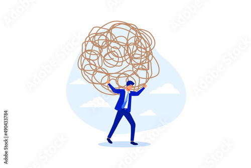 Stress burden, anxiety from work difficulty and overload, problem in economic crisis or pressure from too much responsibility concept, tried exhausted businessman carrying heavy messy line on his back