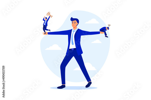 Social comparison anxiety, compare yourself to others, discourage of failure, loser or self motivation problem concept, sad depressed man stand on his hand compare himself with winning colleague.