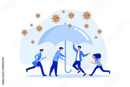 Coronavirus protection safe zone, COVID-19 insurance coverage or government policy to help business in Coronavirus crisis, businessmen people help to cover under umbrella to protect from Coronavirus.