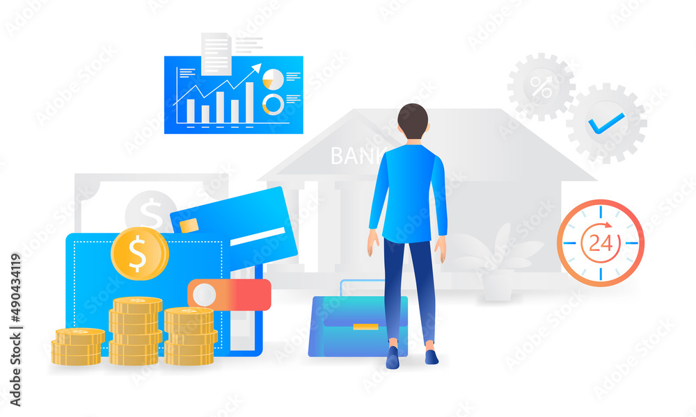 Flat style illustration of finance and banking with ATM