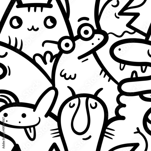 Seamless pattern with cute cartoon creatures on white background. Funny cartoon animals print. Doodle monster poster.