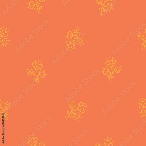 Seamless pattern with different plants and  flowers on red background. Vector print with herbs. Botanical doodle wallpaper.