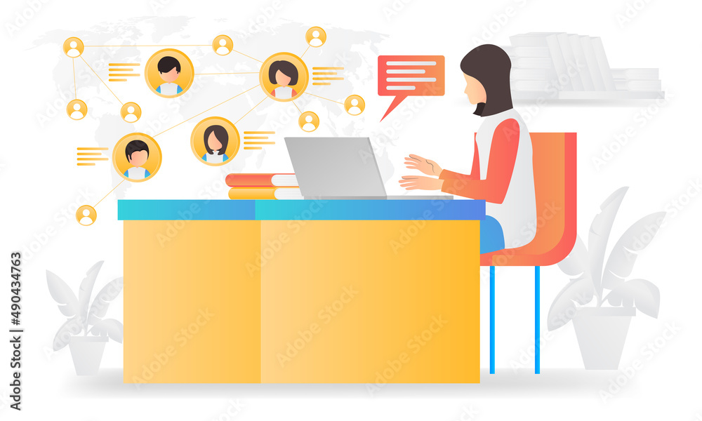 Isometric style illustration of online chatting with people all over the world with laptop Isometric style illustration of online chatting with people all over the world with laptop