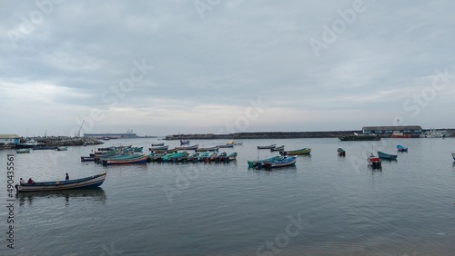Fishing boats in vizhinjam fishing harbor  Thiruvananthapuram  Kerala  seascape view