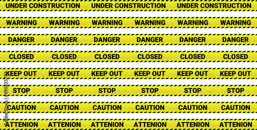 様々な警告の文字が描かれた黄色いバリケードテープのベクターイラストセット