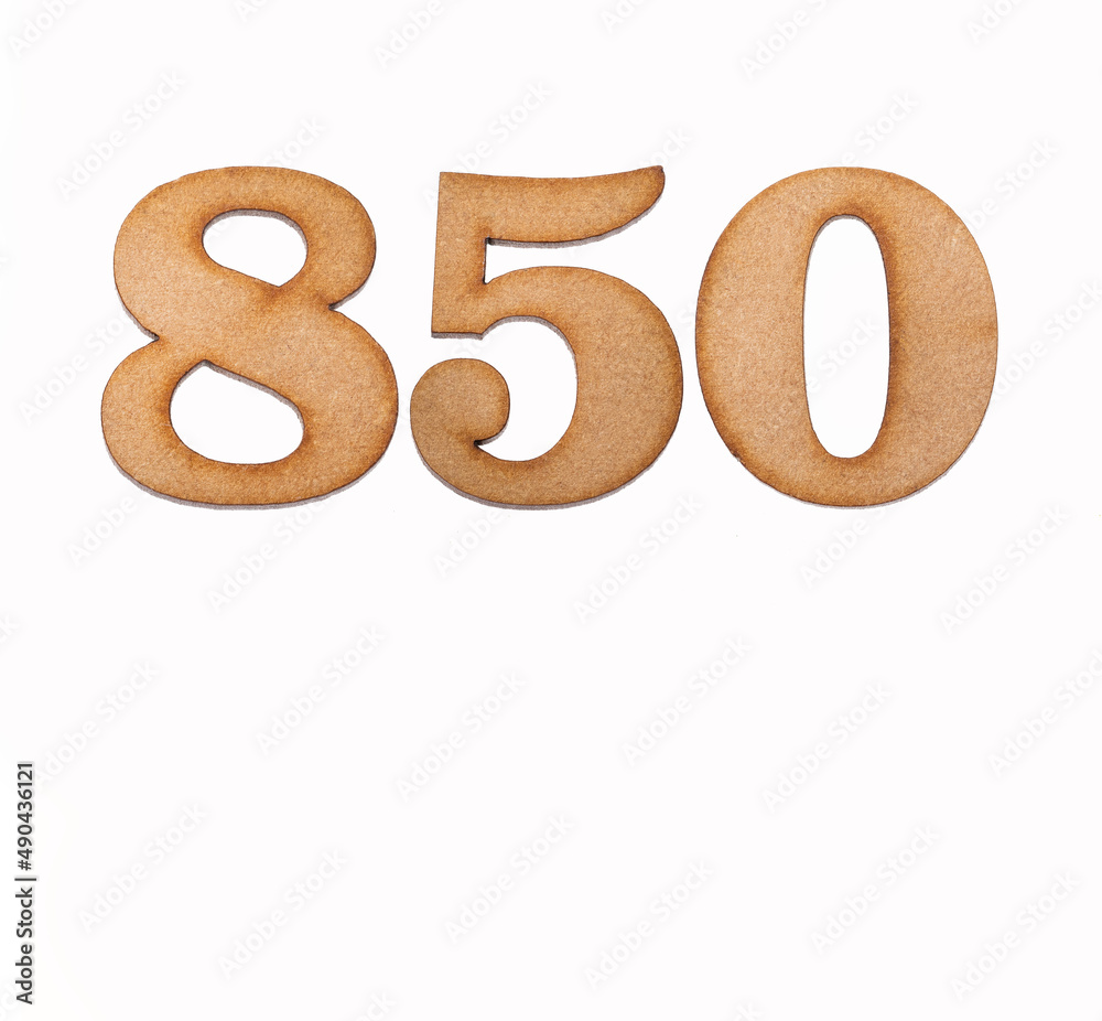 Number 850 in wood, isolated on white background Number 850 in wood, isolated on white background