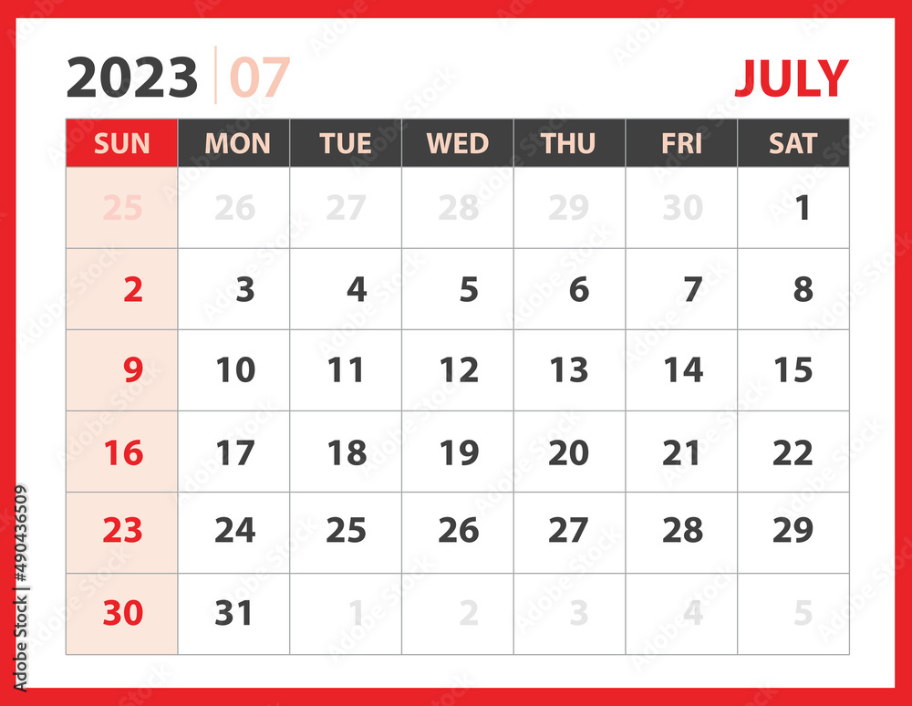 July 2023 template, Calendar 2023 design vector, planner layout, Week starts Sunday, Desk calendar 2023 template, Stationery. Wall calendar 2023 year on red background, vector eps 10 July 2023 template, Calendar 2023 design vector, planner layout, Week starts Sunday, Desk calendar 2023 template, Stationery. Wall calendar 2023 year on red background, vector eps 10