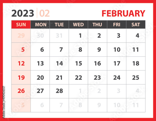 February 2023 template, Calendar 2023 design vector, planner layout, Week starts Sunday, Desk calendar 2023 template, Stationery. Wall calendar 2023 year on red background, vector eps 10