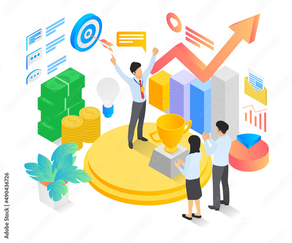 Isometric style illustration of a winner in business achievement