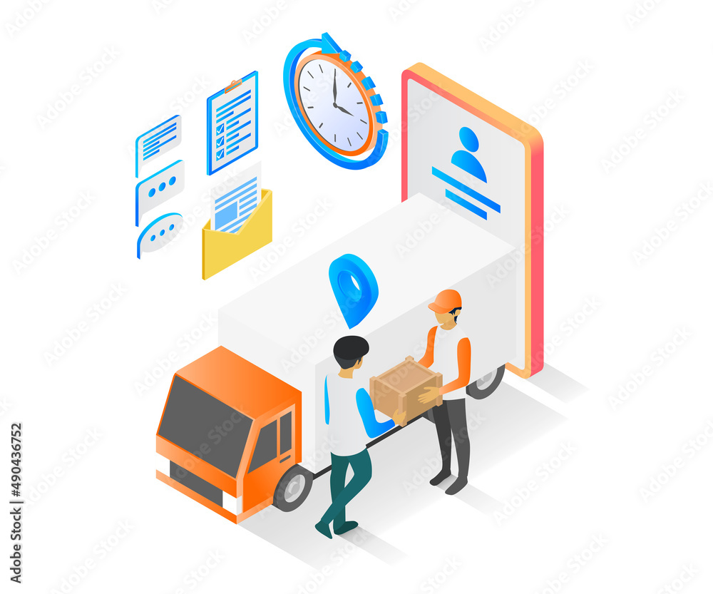 Isometric style delivery order illustration with truck and smartphone