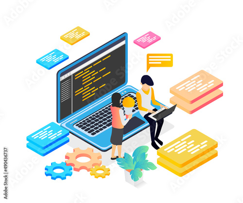 Isometric style illustration of website and app developer programmer