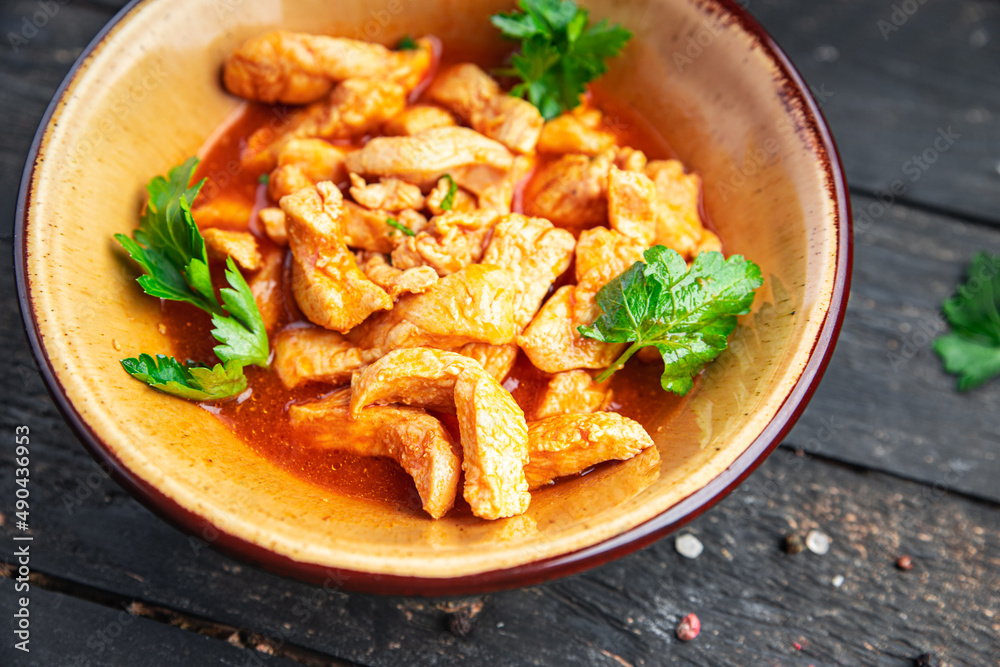 chicken stew meat tomato sauce braised chicken breast stroganoff food fresh healthy meal snack on the table copy space food background chicken stew meat tomato sauce braised chicken breast stroganoff food fresh healthy meal snack on the table copy space food background