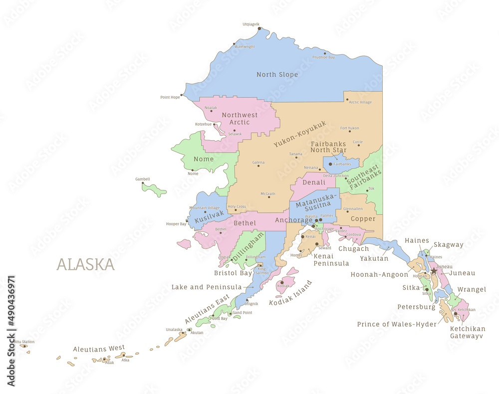 Alaska state administrative map with names of departments. Alaskan US American Federal State highly detailed map with territory borders vector illustration on white background