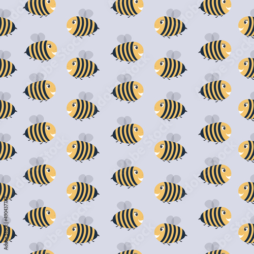 Cute bee. Seamless pattern. Vector illustration.Wallpaper design, wrapping paper,kids textile design. Gray and yellow background. Flight of bee.