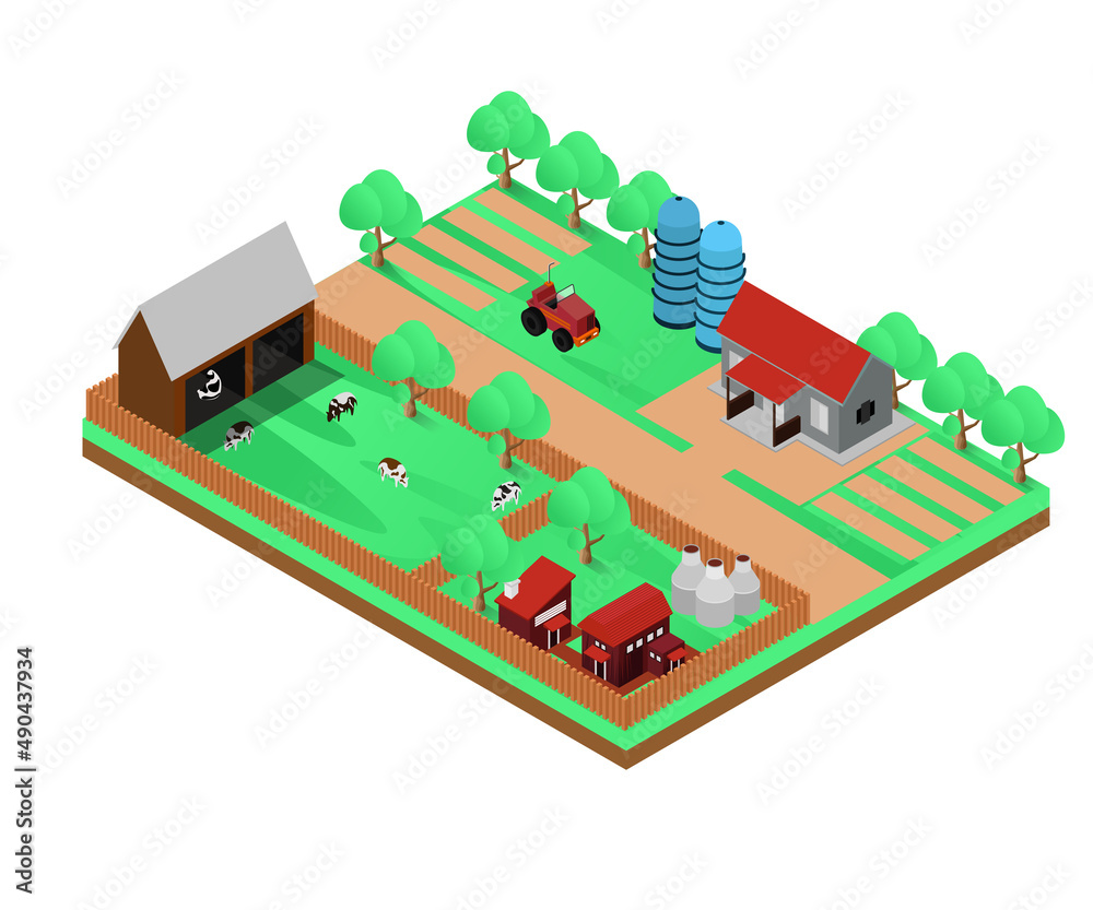 Isometric style dairy cow farming illustration