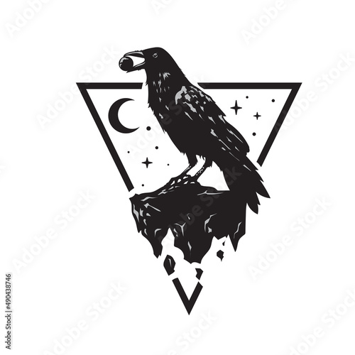 Black raven carries a cobblestone in its beak vector