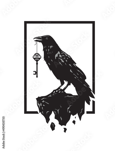 Black raven carries the key in the beak