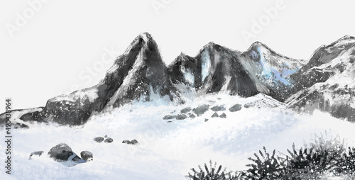 Ink and wash winter snow landscape background Yulong Snow Mountain ink and wash painting