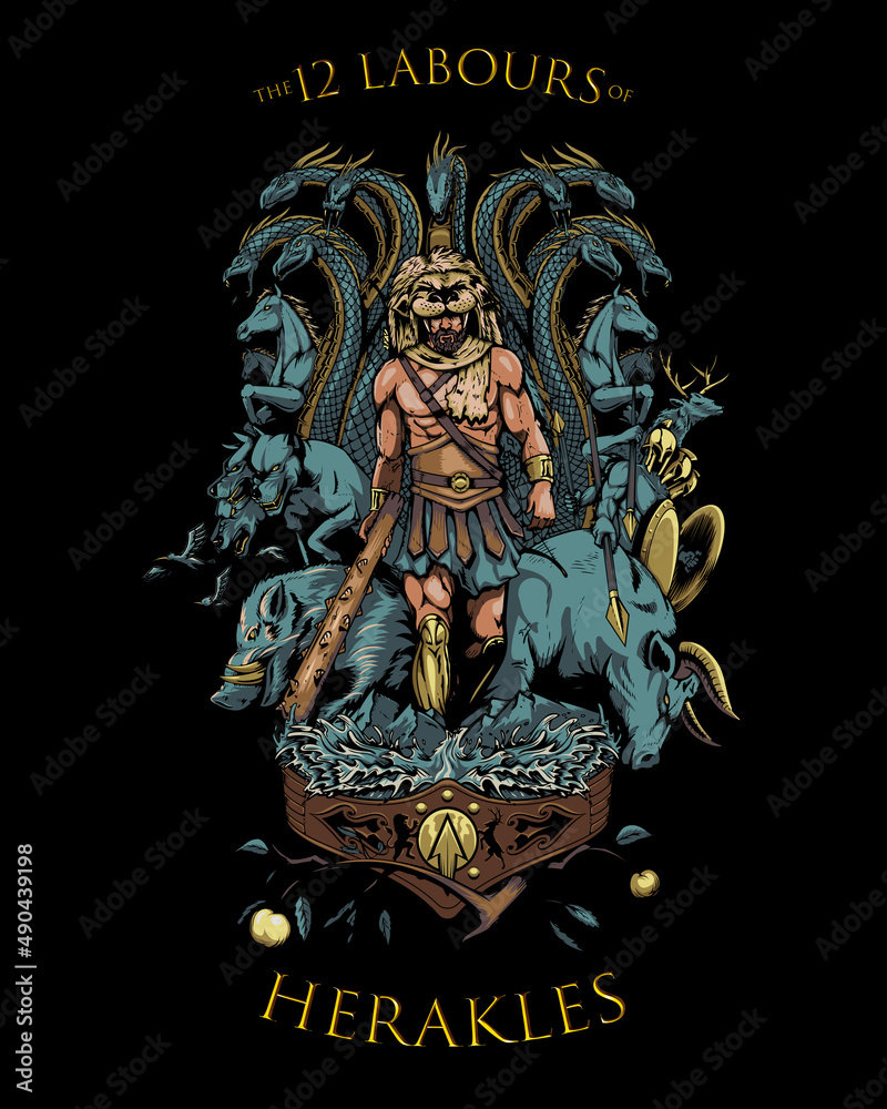 Obraz premium The 12 Labours of Herakles vector illustration in tattoo art style, that this also can be a tattoo art, poster thirt print or any other purpose.