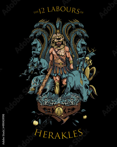 the 12 Labours of Herakles vector illustration in tattoo art style, that this also can be a tattoo art, poster thirt print or any other purpose.