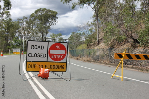 Colleges Crossing Road Closed Signs near Ipswich, Queensland Australia 1st March 2022. Worst Flooding in Decades, State of Emergency