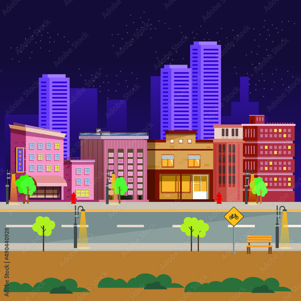 Urban City with buildings with small shops, cafes and restaurants cartoon vector background, town poster with empty street tree at night day. Vector illustration.