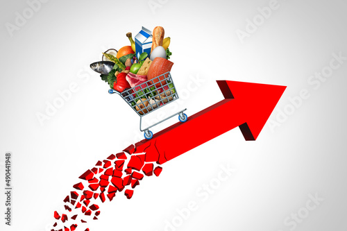 Rising food cost and grocery prices surging costs of supermarket groceries as an inflation financial crisis concept coming out of a paper bag shaped hit by a finance graph arrow