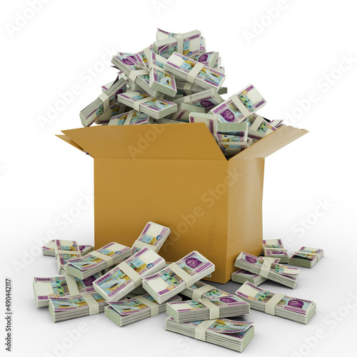 3d rendering of cardboard box full of Central African CFA franc notes isolated  on a white background photo