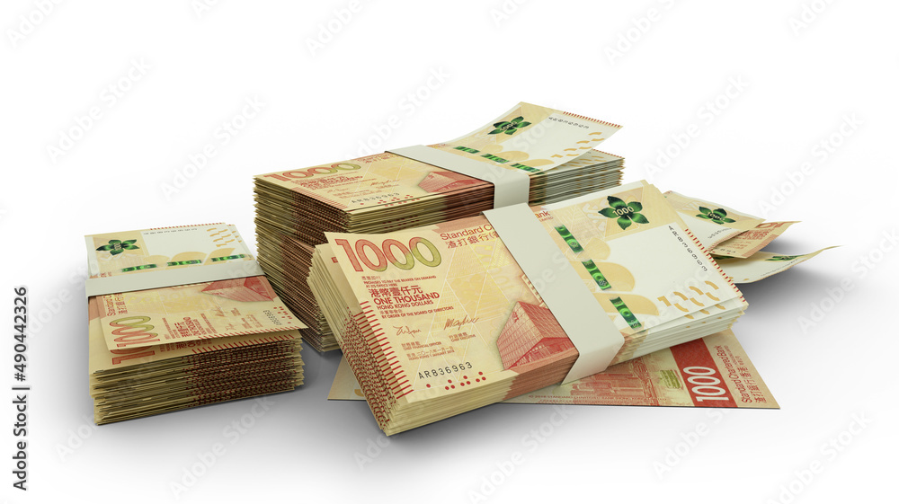 3d rendering of Stack of Hong Kong dollar notes. bundles of Hong Kong currency notes isolated on white background 3d rendering of Stack of Hong Kong dollar notes. bundles of Hong Kong currency notes isolated on white background