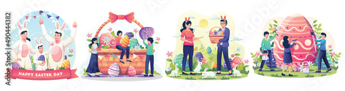Set of Easter day concept. Happy people celebrate Easter day with bunnies, baskets full of easter eggs, flowers, and decorations. vector illustration.