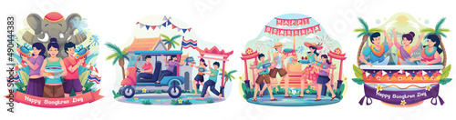 Photos Set of People celebrates the Songkran festival Thailand Traditional New Year's Day by splashing water on each other