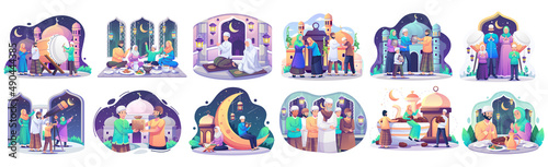 Set Collection of Ramadan concept illustration. Happy Muslim people celebrate Holy Month Ramadan, Iftar Party, Reading Qur'an, Taraweeh, Eid Mubarak greeting. vector illustration