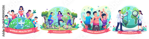 Set of World Health Day concept with Group of staff medical doctors and nurses, people living healthy activity, person jogging, cycling, yoga. vector illustration