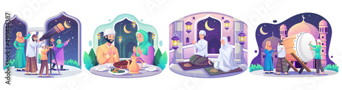 Set of Ramadan concept illustration. Happy Muslim people celebrate Holy Month Ramadan, Iftar Party, Reading Qur'an, Taraweeh, Eid Mubarak greeting. vector illustration