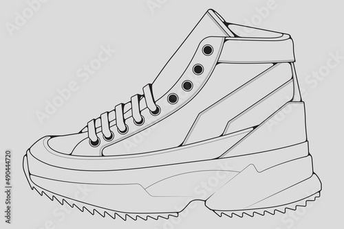 Shoes sneaker outline drawing vector, Sneakers drawn in a sketch style, black line sneaker trainers template outline, vector Illustration.
