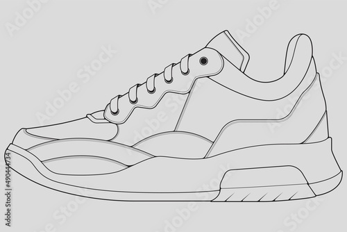 Shoes sneaker outline drawing vector, Sneakers drawn in a sketch style, black line sneaker trainers template outline, vector Illustration.
