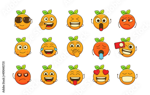 PrintCute Orange emoticons vector set, Orange emoji facial expression for social post and reaction, Orange cartoon illustration in different feeling photo