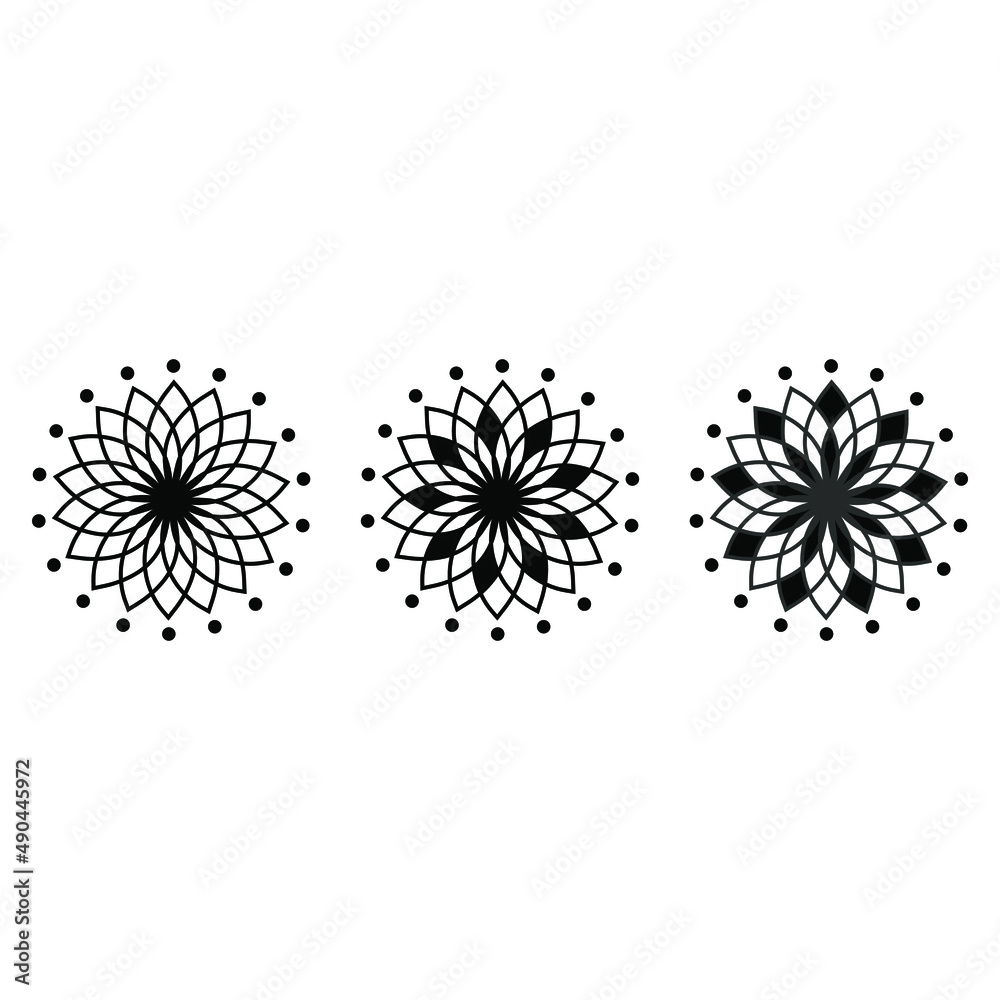 Obraz premium Set of stylized lotuses. Collection of lotus flowers for a logo. Black white vector illustration. Tattoo. Isolated on a blank background which can be edited and changed colors.